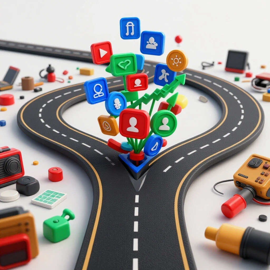 A vibrant visual contrasting social media growth symbols with chaotic, outdated marketing tools on a winding road.