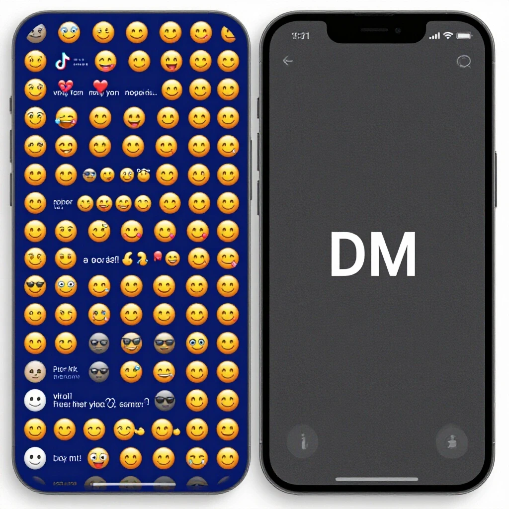 Comparison of TikTok comments filled with emojis versus a minimalist DM interface, showcasing engagement methods for sales.