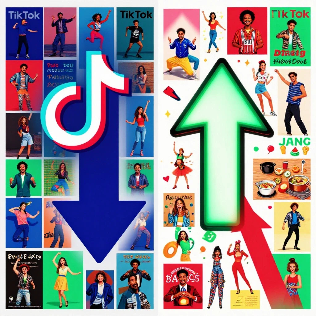 A vibrant TikTok logo with a downward arrow contrasting an upward arrow bursting with colorful ideas.