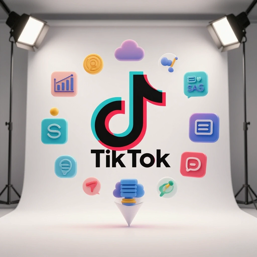 Vibrant TikTok logo at the center, surrounded by B2B SaaS icons in a funnel shape on a bright background.