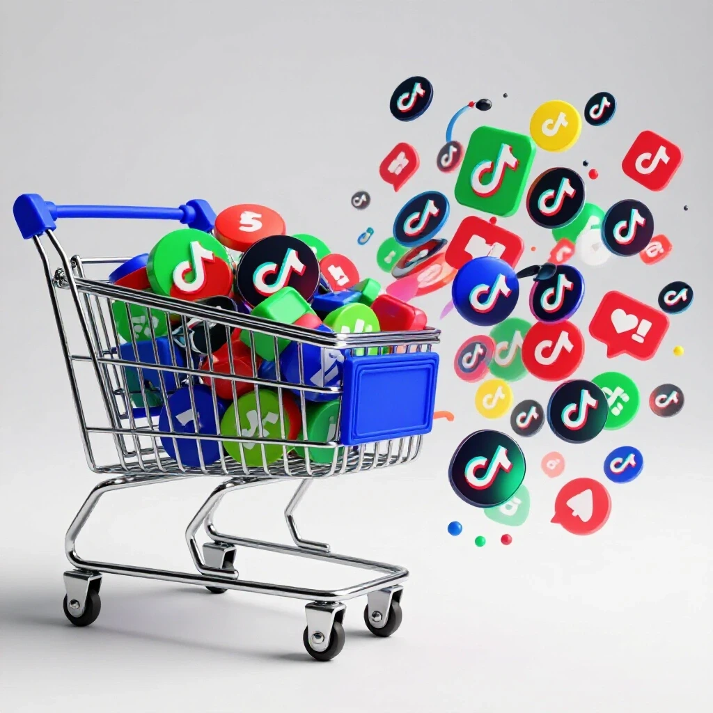 A split image featuring a vibrant shopping cart overflowing with products on one side and swirling TikTok logos on the other, symbolizing revenue vs reach.