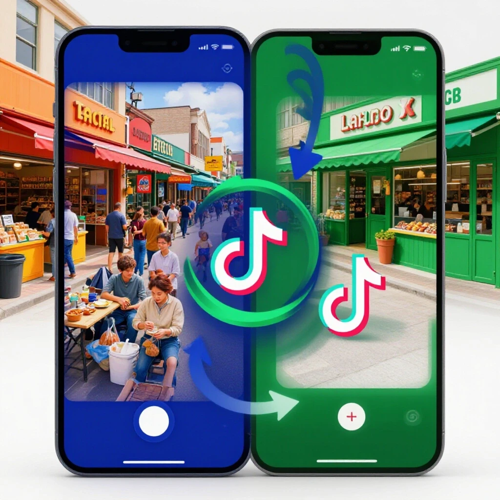 A vibrant local business scene contrasted with a TikTok video interface, showcasing engagement strategies.