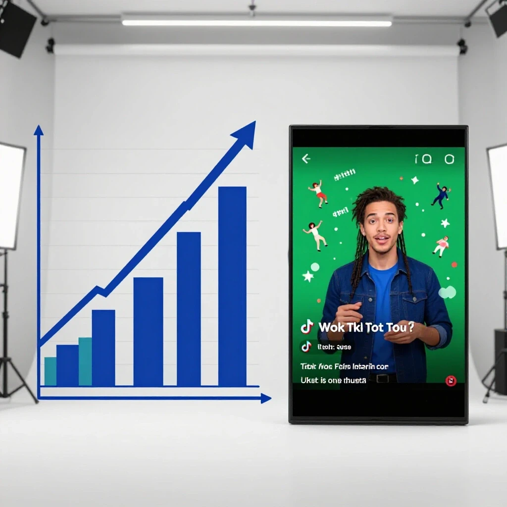 A vibrant split-screen showing a growing graph on one side and a TikTok video screen on the other, symbolizing social media growth.