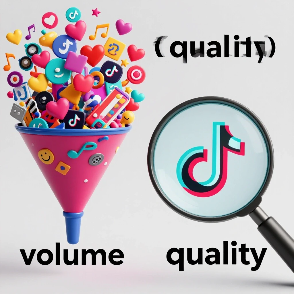 Image illustrating the contrast between lead generation volume and quality with a colorful funnel and a magnifying glass focusing on a single icon.