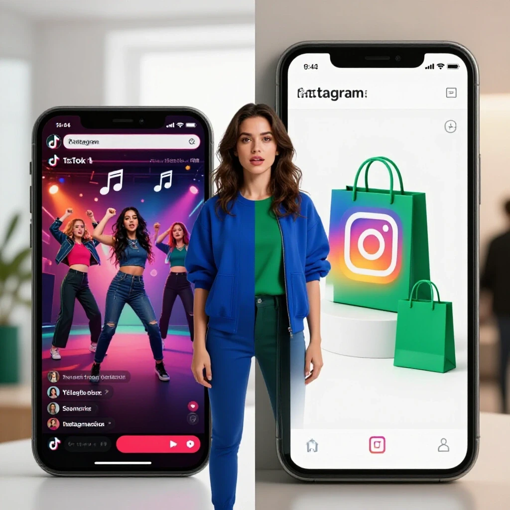 A vibrant split-image showcasing TikTok and Instagram shopping interfaces, highlighting their unique features and design.