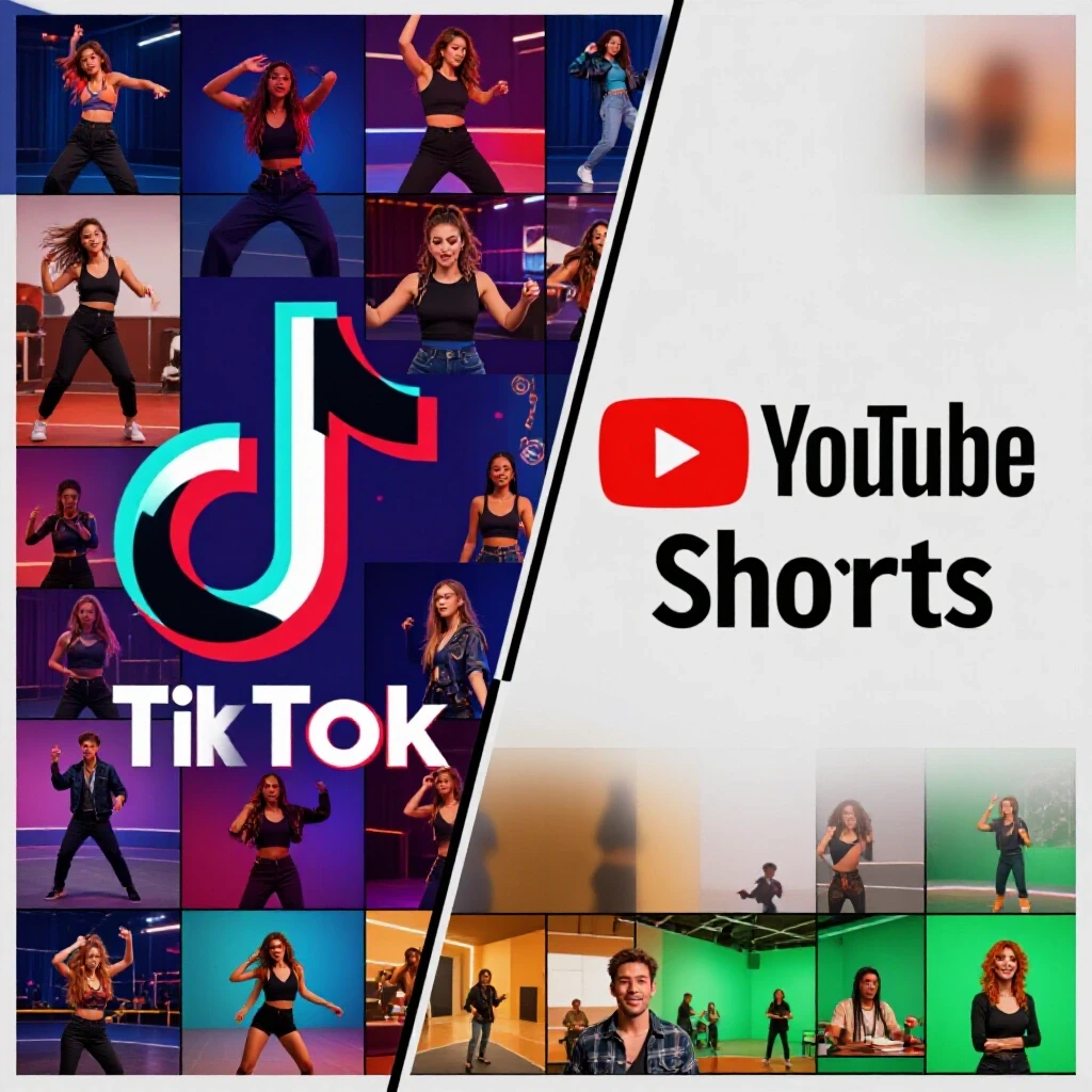 Split-screen image comparing TikTok and YouTube Shorts logos with vibrant visuals.