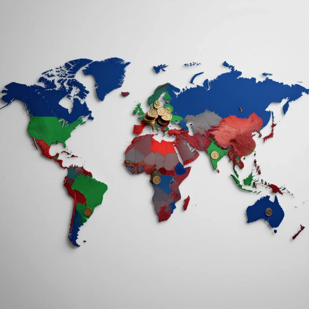 A vibrant 3D world map showcasing countries with high Facebook ad spend, highlighted by overflowing coins and dollar signs.