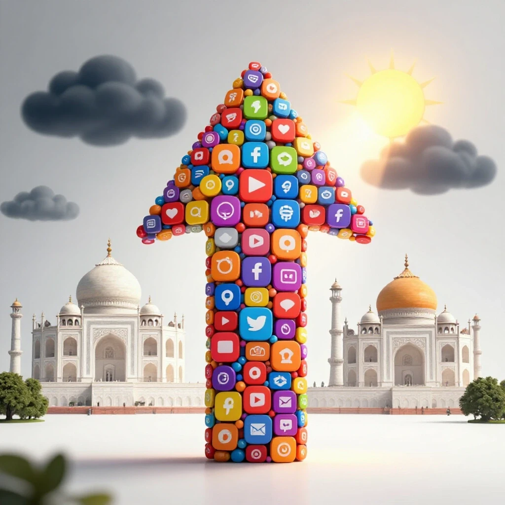 Bright 3D arrow made of social media icons, set against India's landmarks, symbolizing growth and overcoming challenges.
