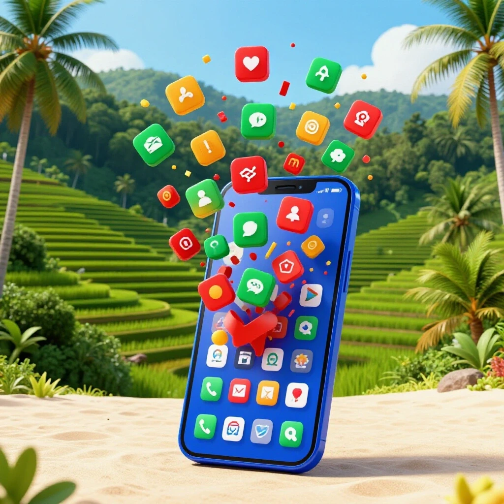 Vibrant 3D illustration of smartphone with colorful app icons against a Philippine landscape, symbolizing business growth.