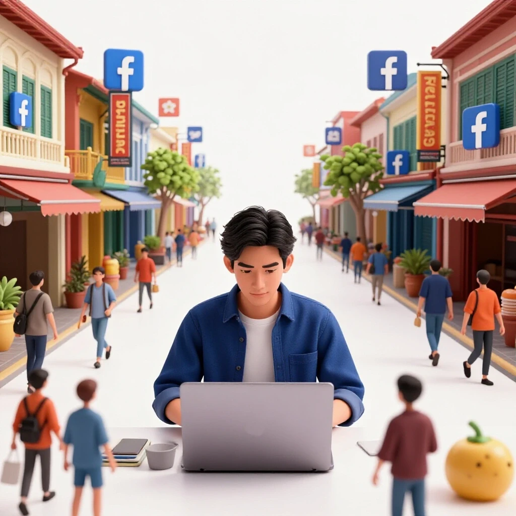 A vibrant street scene from the Philippines with a freelancer working on a laptop, symbolizing local talent and digital marketing.