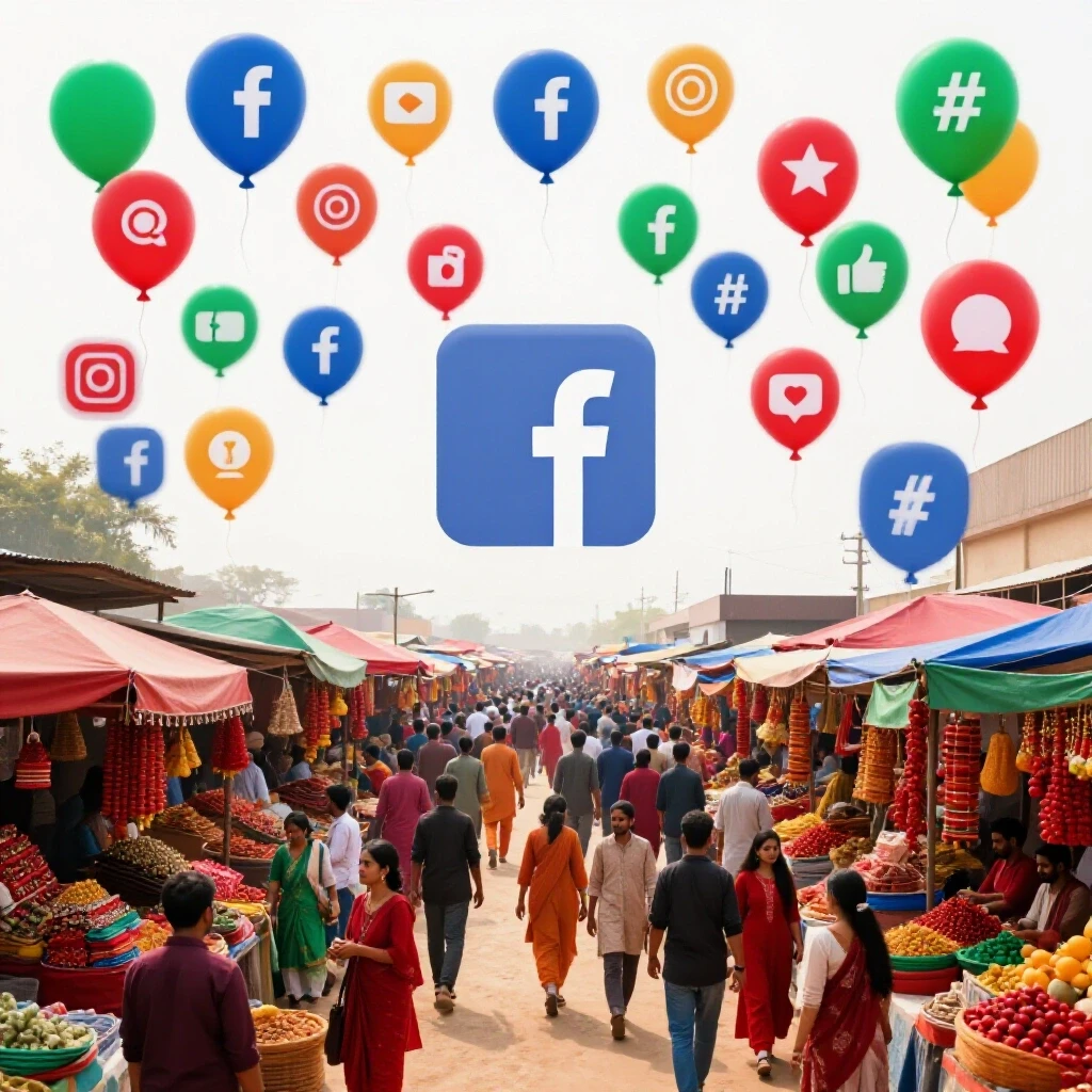A colorful representation of a Bangladesh marketplace with social media icons and hashtags as balloons, symbolizing Facebook ads engagement.