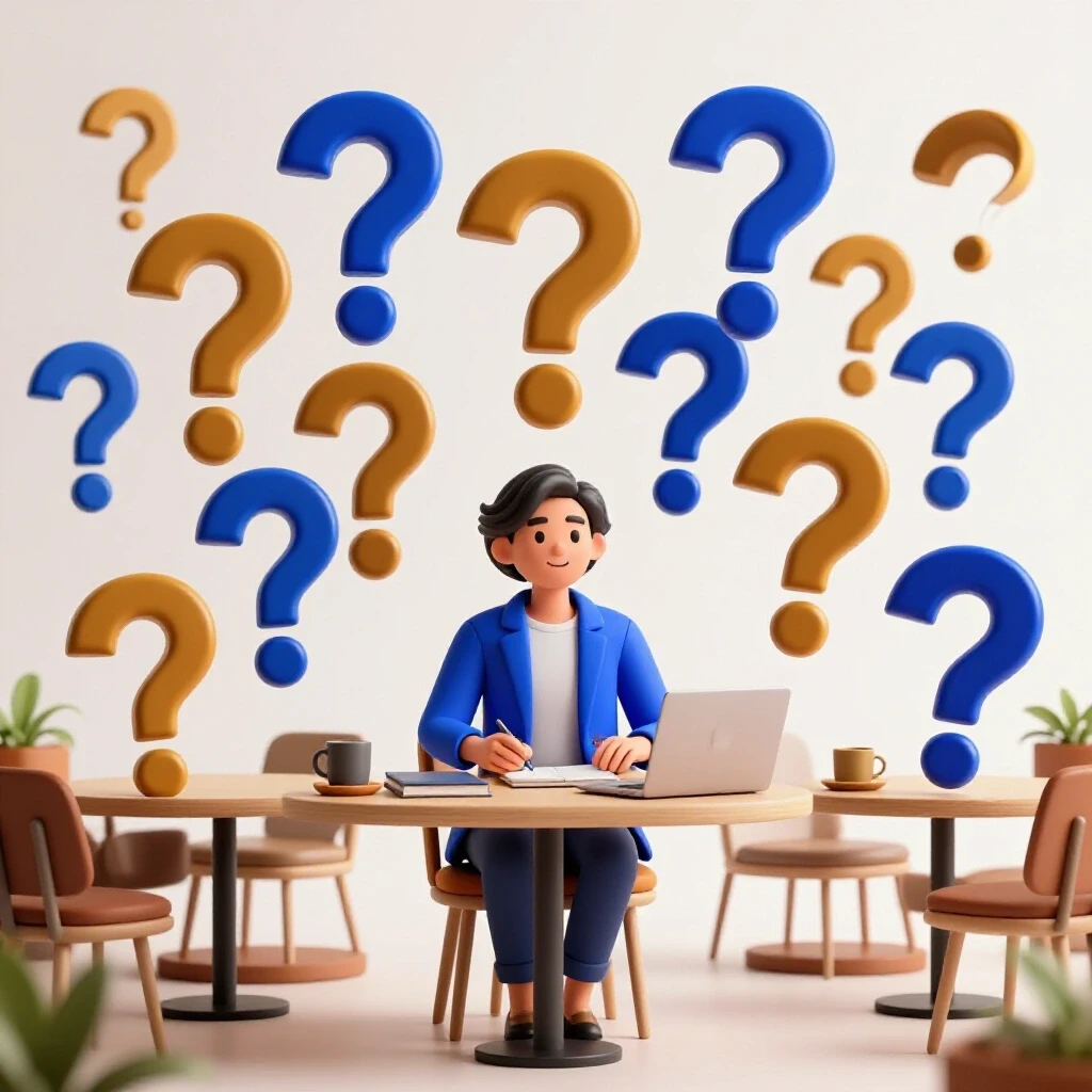A vibrant café scene featuring a Filipino entrepreneur surrounded by floating question marks symbolizing Facebook Ads Manager inquiries.