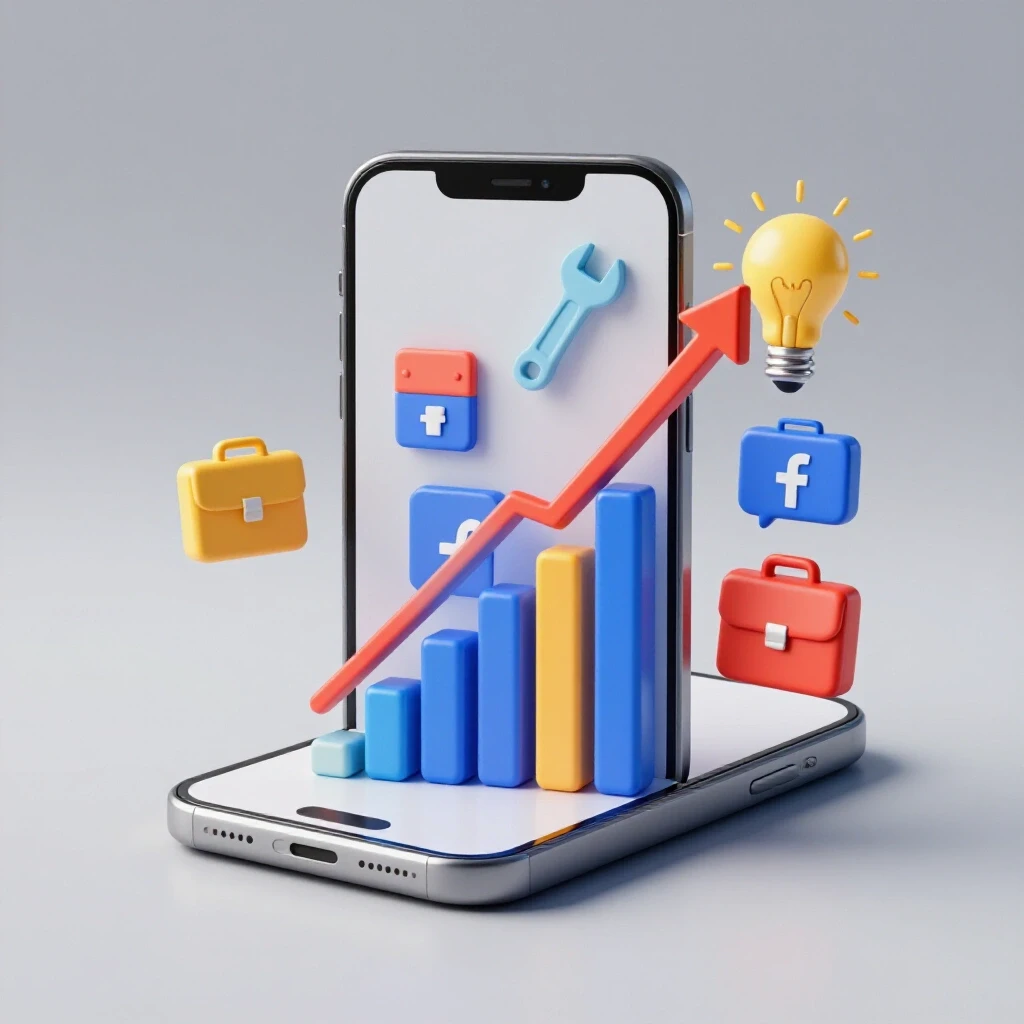 A smartphone displaying a rising graph with icons of a wrench, briefcase, and lightbulb representing success in Facebook ads.
