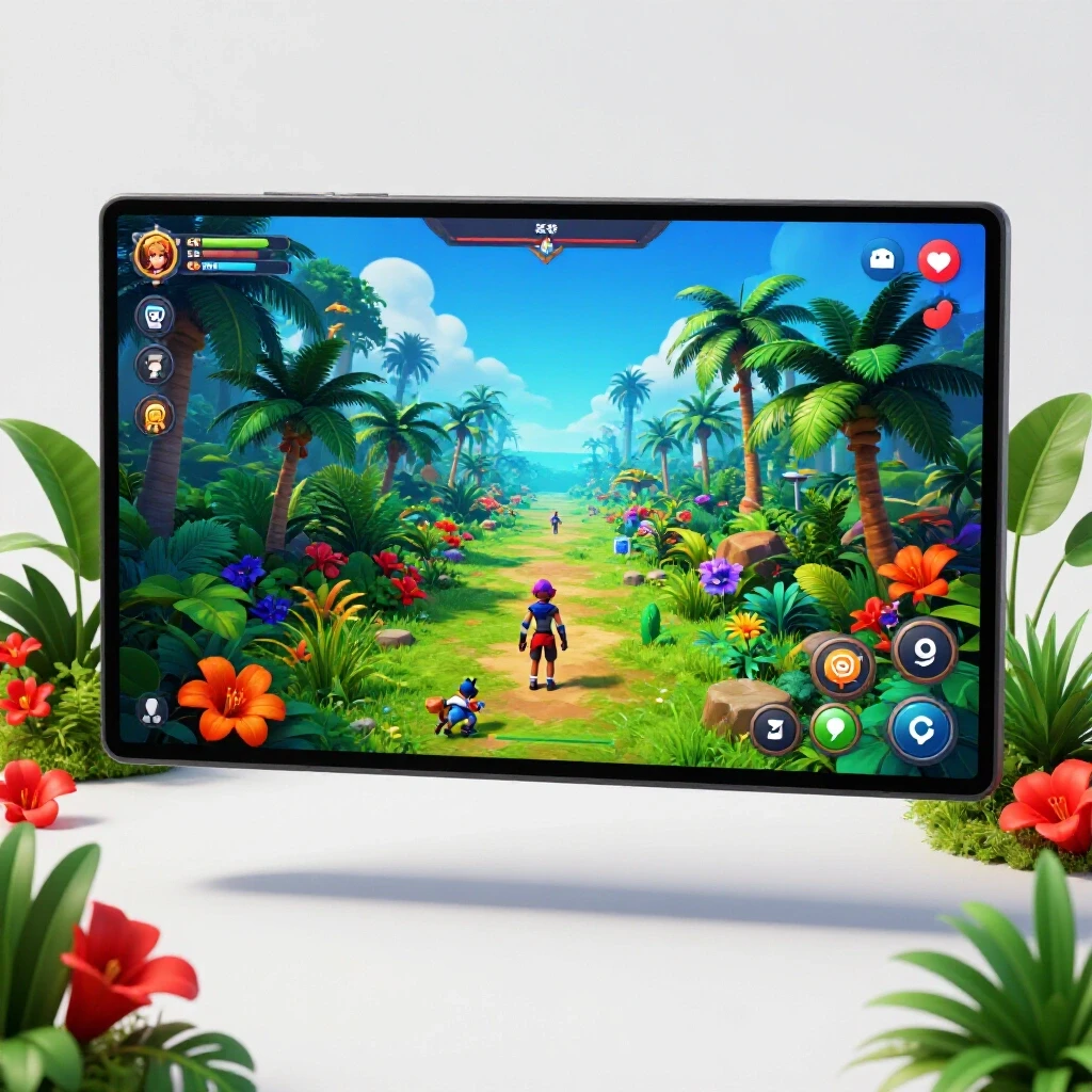 A vibrant tropical gaming landscape featuring colorful characters and social media icons, illustrating game ads.