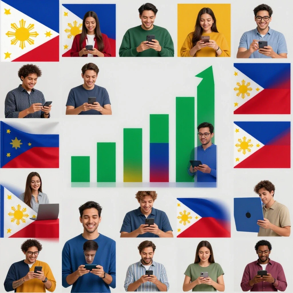 Colorful collage representing successful Facebook ad elements for Philippine firms in 2025, showcasing rising graphs and product images.