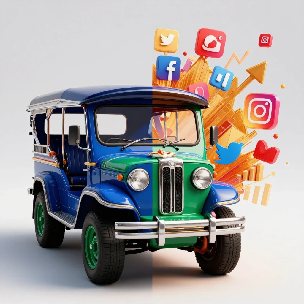 A split image featuring a Philippine jeepney on one side and a vibrant digital landscape of social media icons on the other.