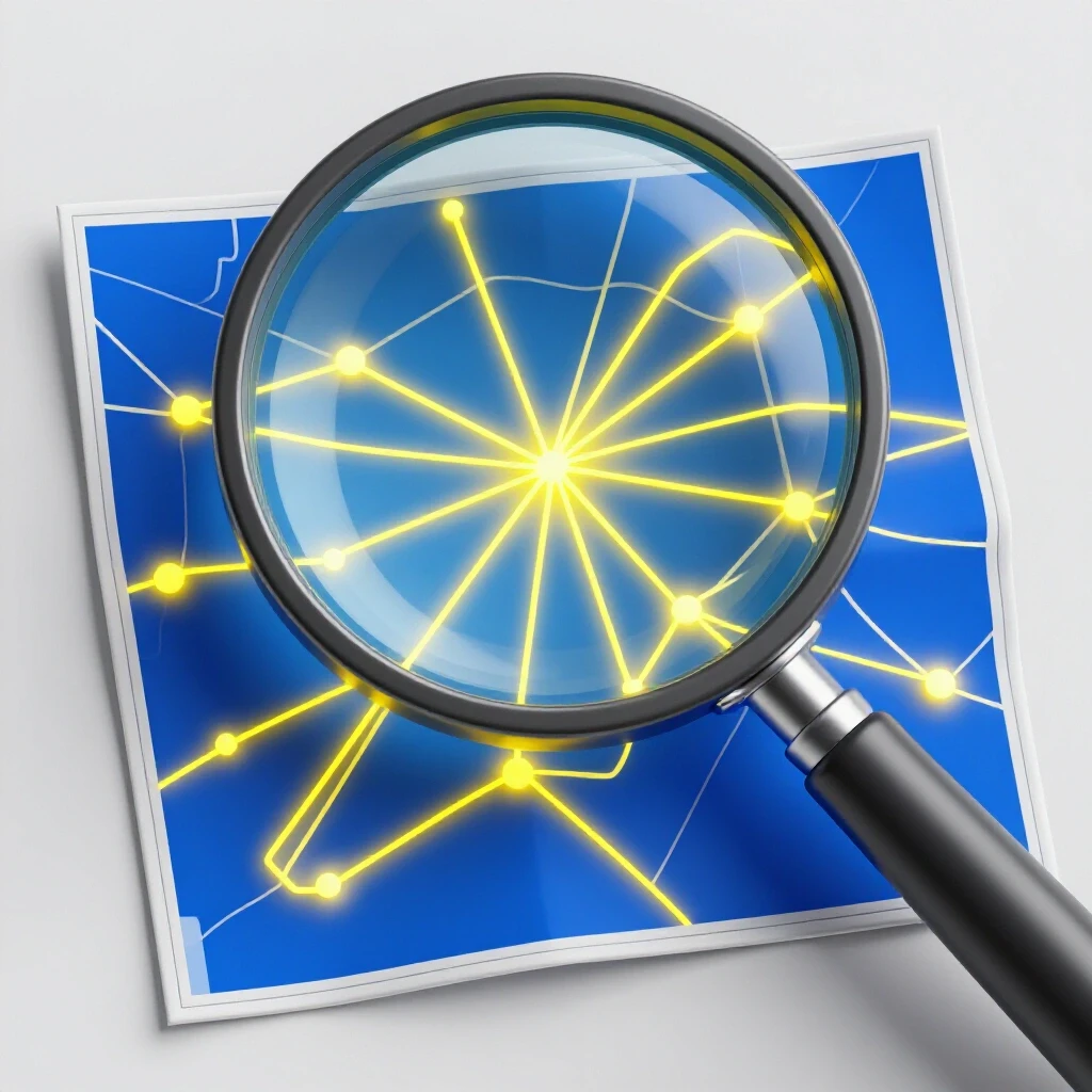 A magnifying glass focuses on a digital map with glowing lines, symbolizing IP address tracing on Facebook.