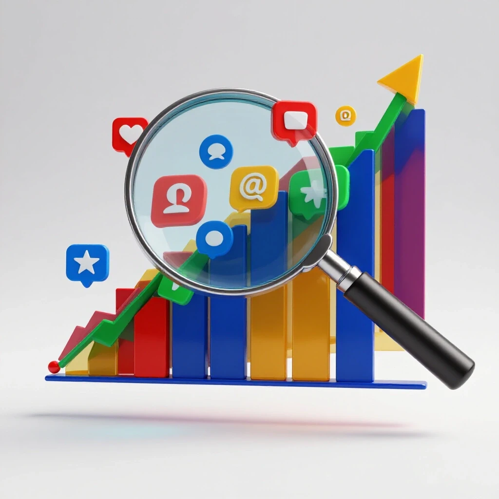 A magnifying glass over a colorful graph with social media icons, symbolizing growth and data analysis.