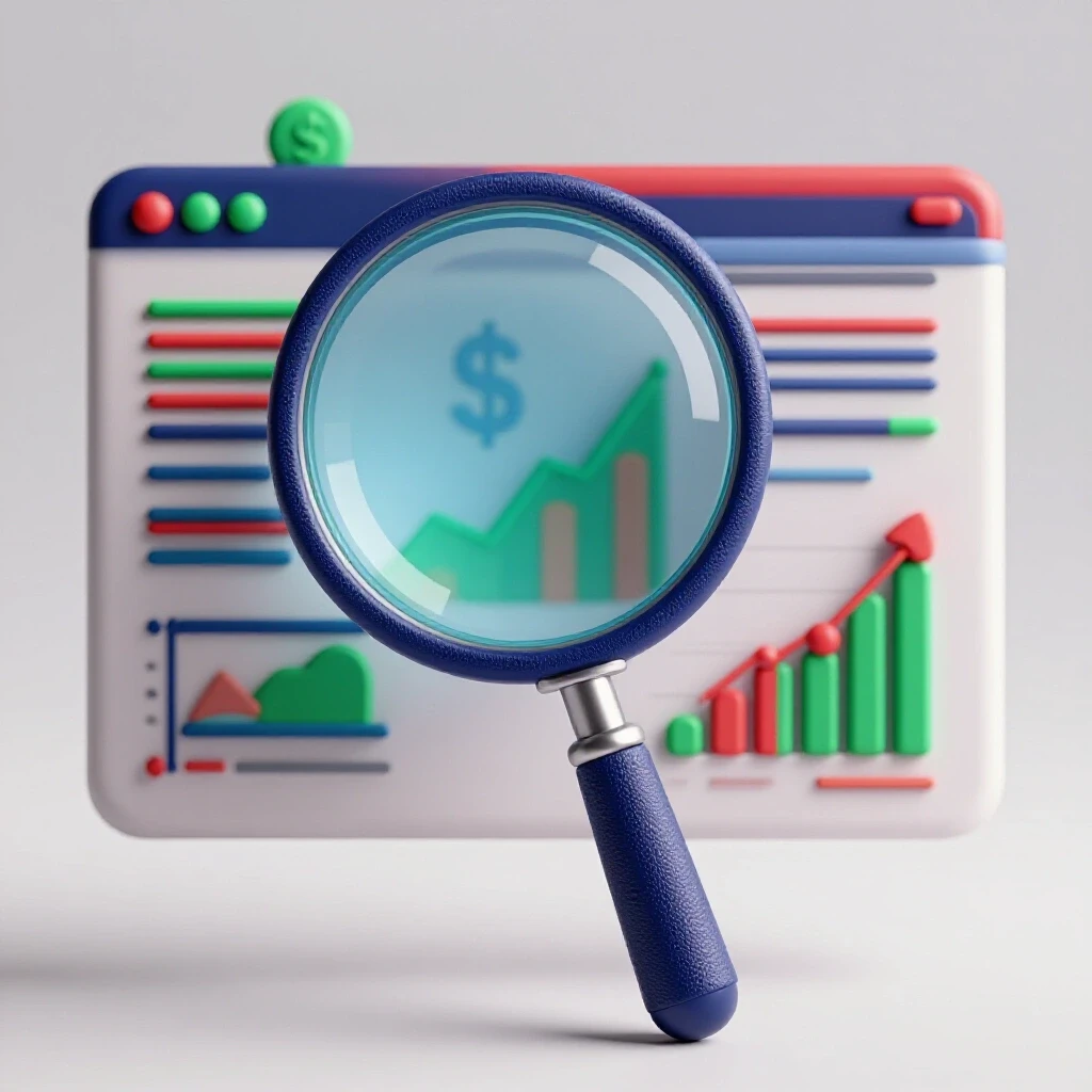 A magnifying glass over a colorful social media dashboard with graphs and dollar signs, symbolizing data insights.