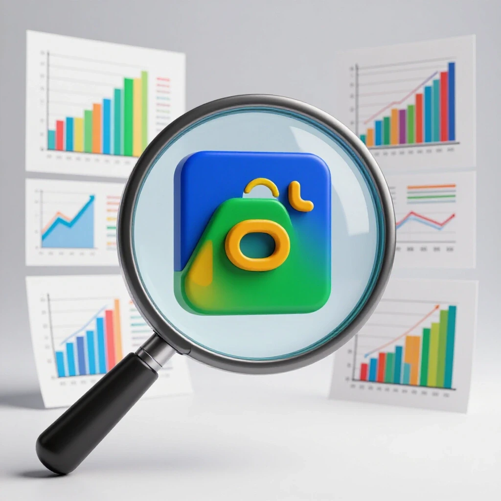 3D-rendered image of a magnifying glass highlighting a colorful social media tag surrounded by analytics graphs, symbolizing data insights.