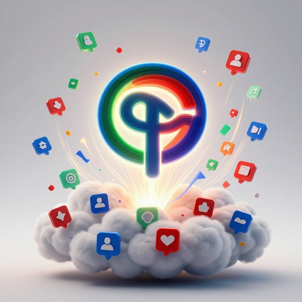 A glowing logo emerges from a digital cloud of vibrant social media icons, symbolizing brand transformation.