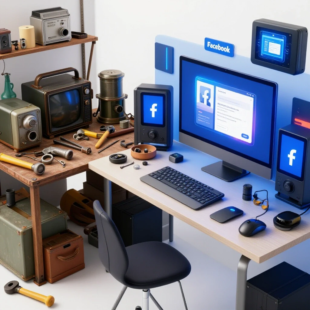 A split image showing a cluttered old home service workspace on one side and a vibrant modern workspace with Facebook Ads on the other side.