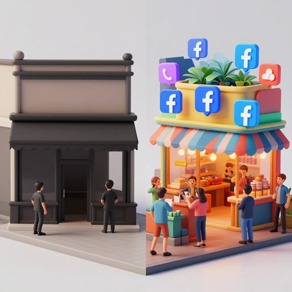 A split image showing a dull storefront on the left and a bustling storefront with glowing Facebook notifications on the right, emphasizing transformation.