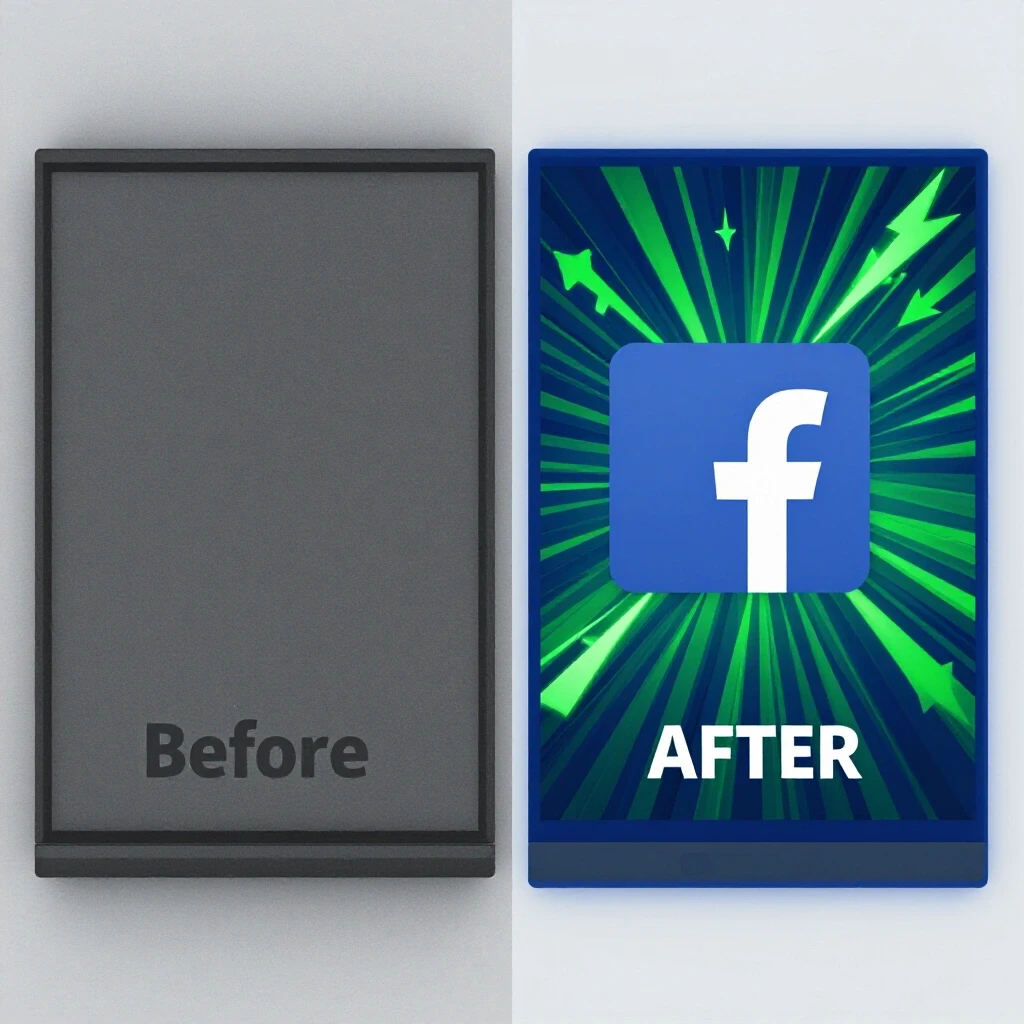 Visual representation of transformed Facebook ads: before and after, showcasing dull and vibrant ad designs.