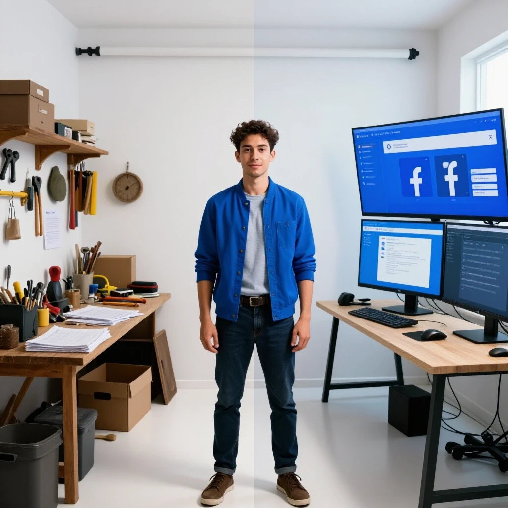 A split scene comparing a cluttered traditional workspace with a vibrant digital workspace displaying Facebook ads.