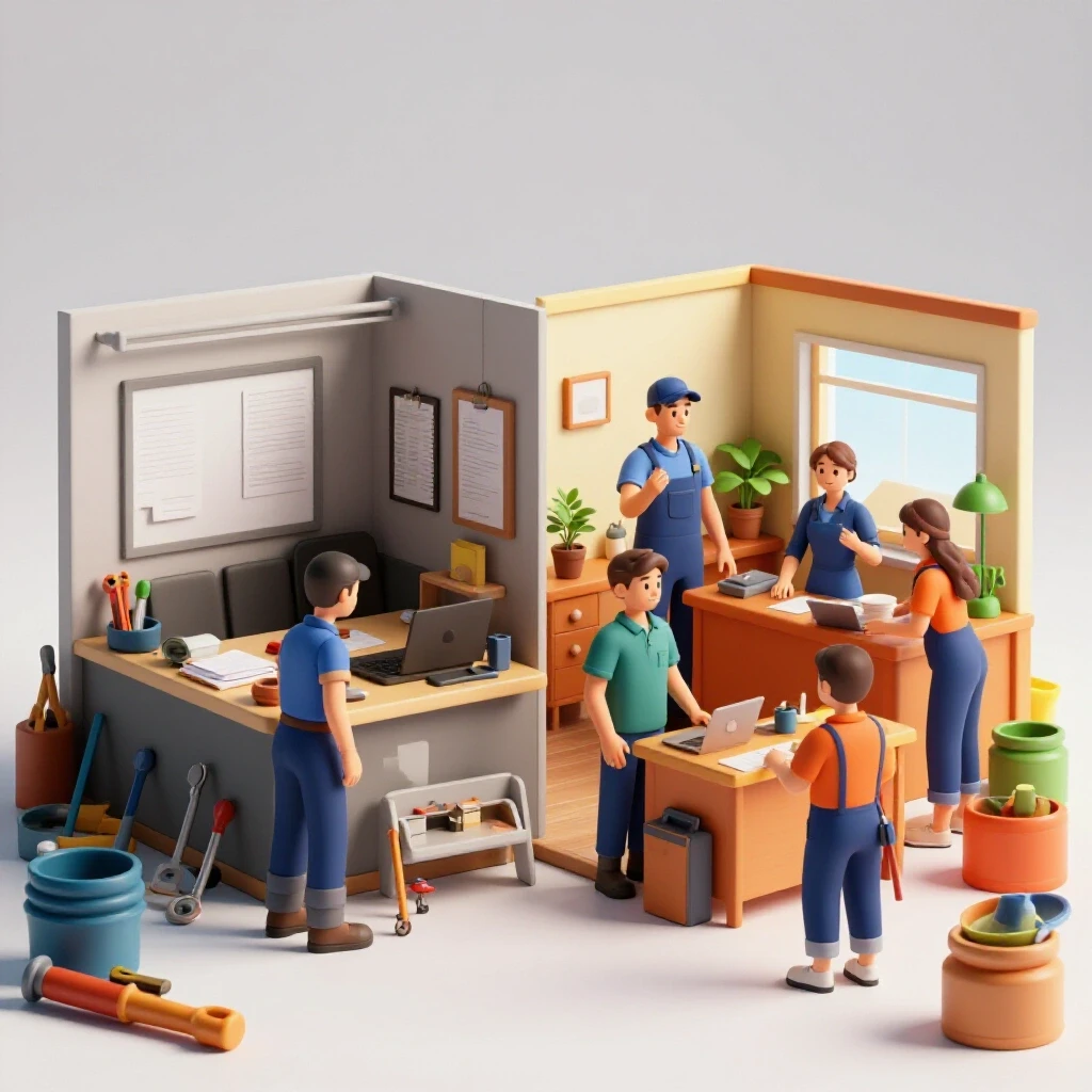 A split-screen image contrasting a chaotic home service business environment with a vibrant, thriving scene showcasing effective Facebook ads.