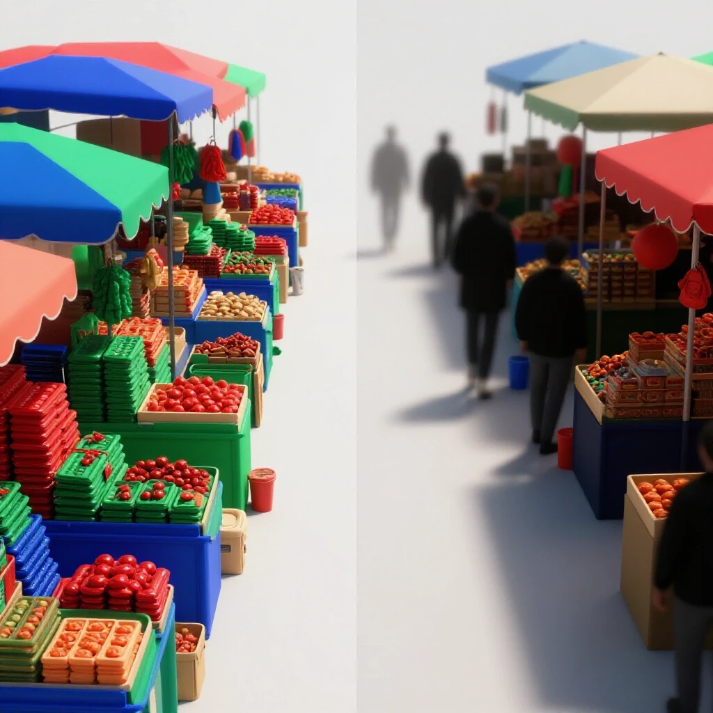 A vibrant marketplace scene split in half: colorful products on one side and shadowy figures on the other side, creating visual contrast.
