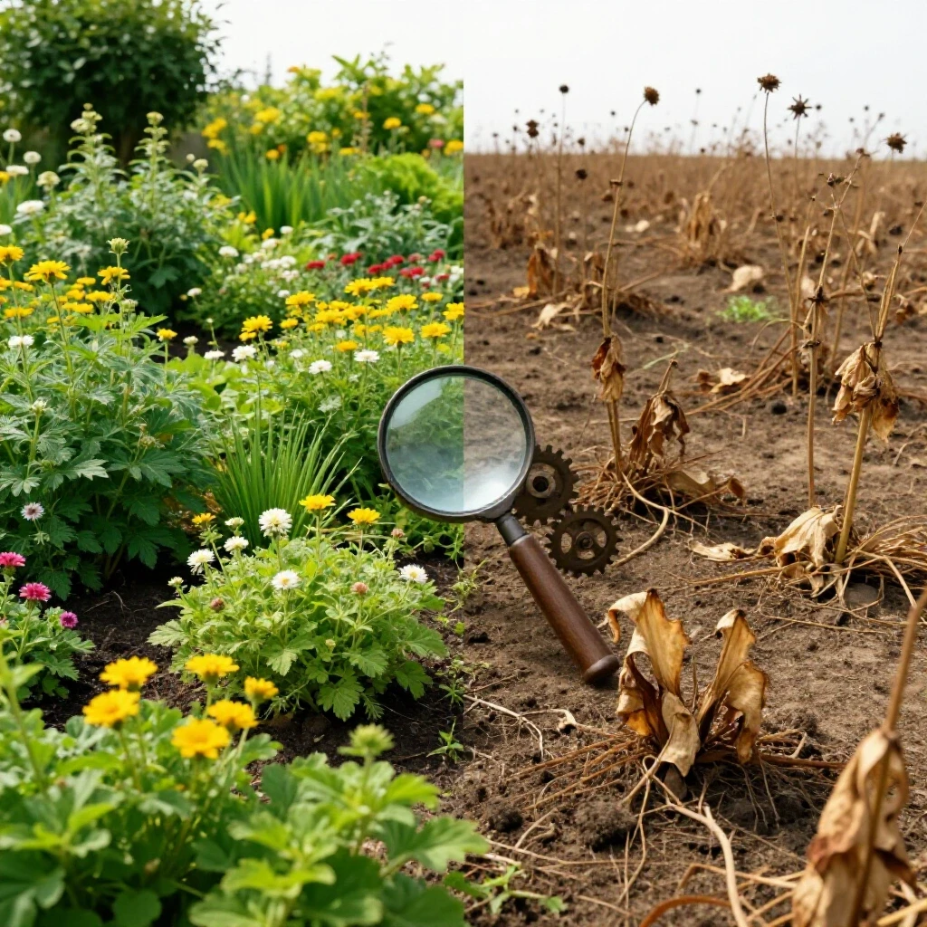A split-image featuring a vibrant garden symbolizing growth alongside a wilted landscape representing stagnation, highlighting the concept of troubleshooting.