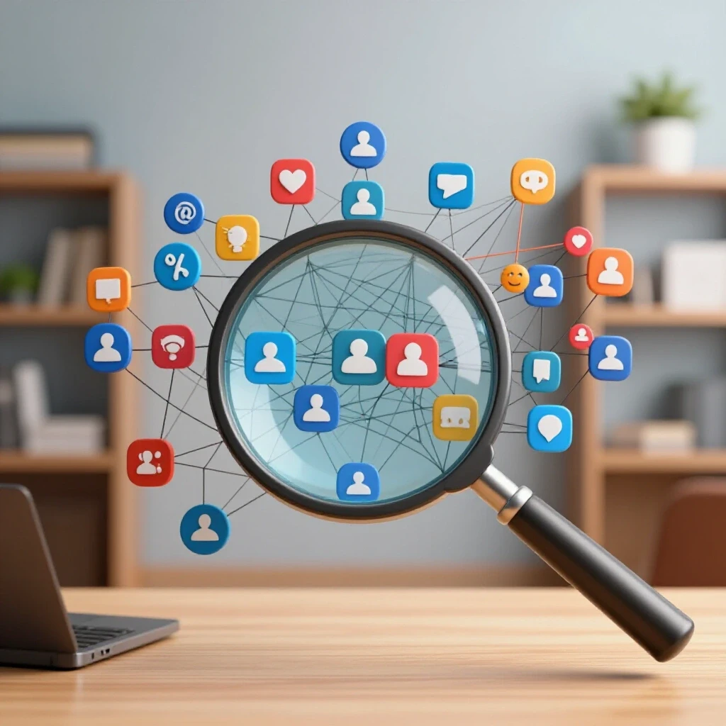 A magnifying glass over chaotic social media icons with vibrant highlighted bugs, set in a tidy workspace background.