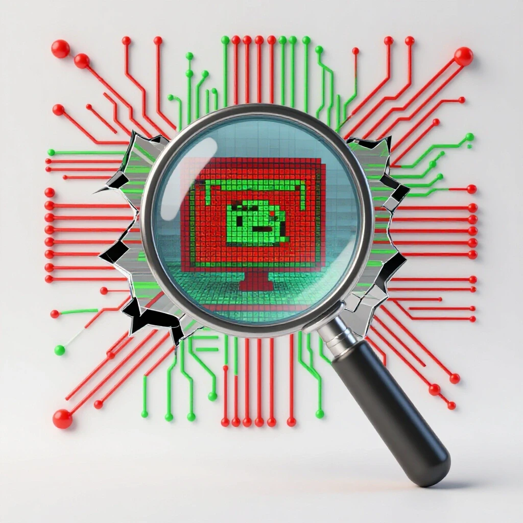 A magnifying glass over a pixelated digital ad with circuit elements in a bright background illustrating troubleshooting.