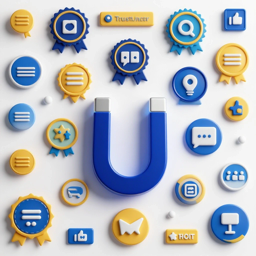 A glowing magnet attracting trust signals like badges and testimonials, against a clean white background.