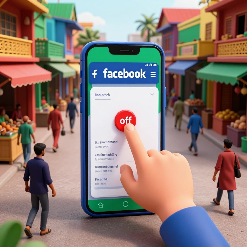 A vibrant street scene in Bangladesh featuring a smartphone with Facebook app and a hand tapping a red off button.