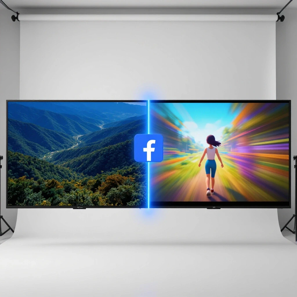 A visually striking split-screen image showing a landscape photo on one side and a vibrant video on the other, embodying social media engagement.