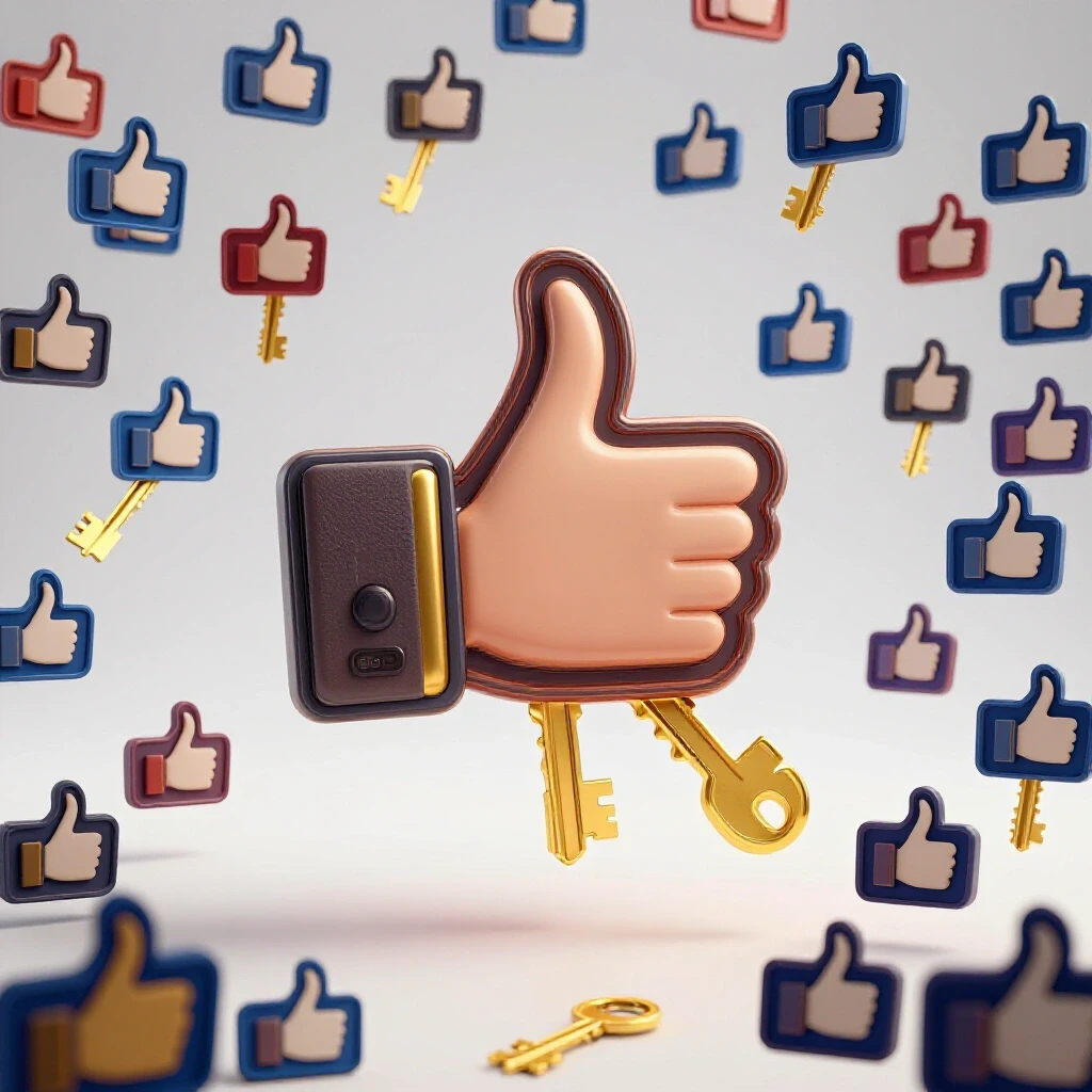 A dynamic 3D representation of social media thumbs-up icons transforming into golden keys, symbolizing leads growth.