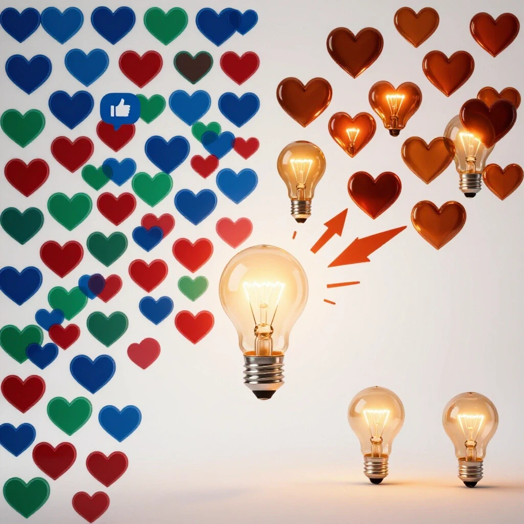 A vibrant image illustrating the conversion of social media likes into leads, with heart symbols transforming into lightbulbs on a bright background.