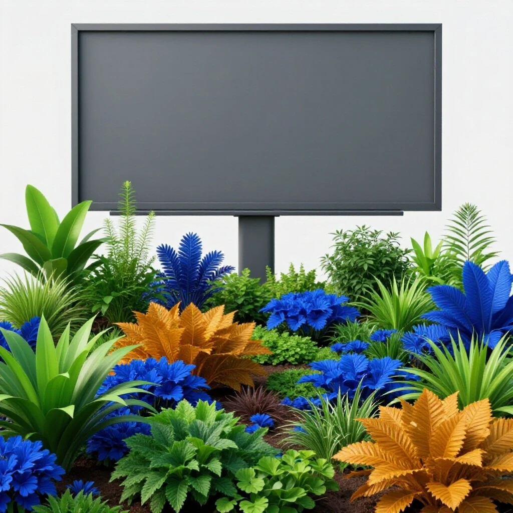 A vibrant organic garden with diverse plants contrasts against a gray advertisement billboard in the background.