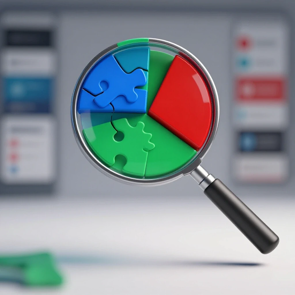 A magnifying glass over a fragmented pie chart with a blurred social media interface background, symbolizing analytics gaps.