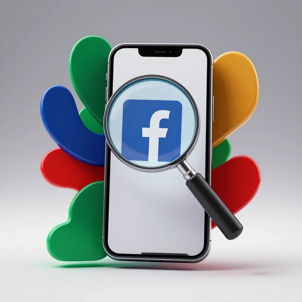A smartphone with a magnifying glass over a Facebook logo, surrounded by colorful abstract shapes representing ads.
