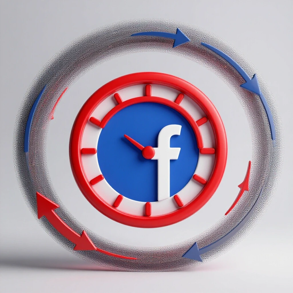 3D illustration of a red Facebook logo with dynamic arrows on a bright grey background, symbolizing timely ad strategies.