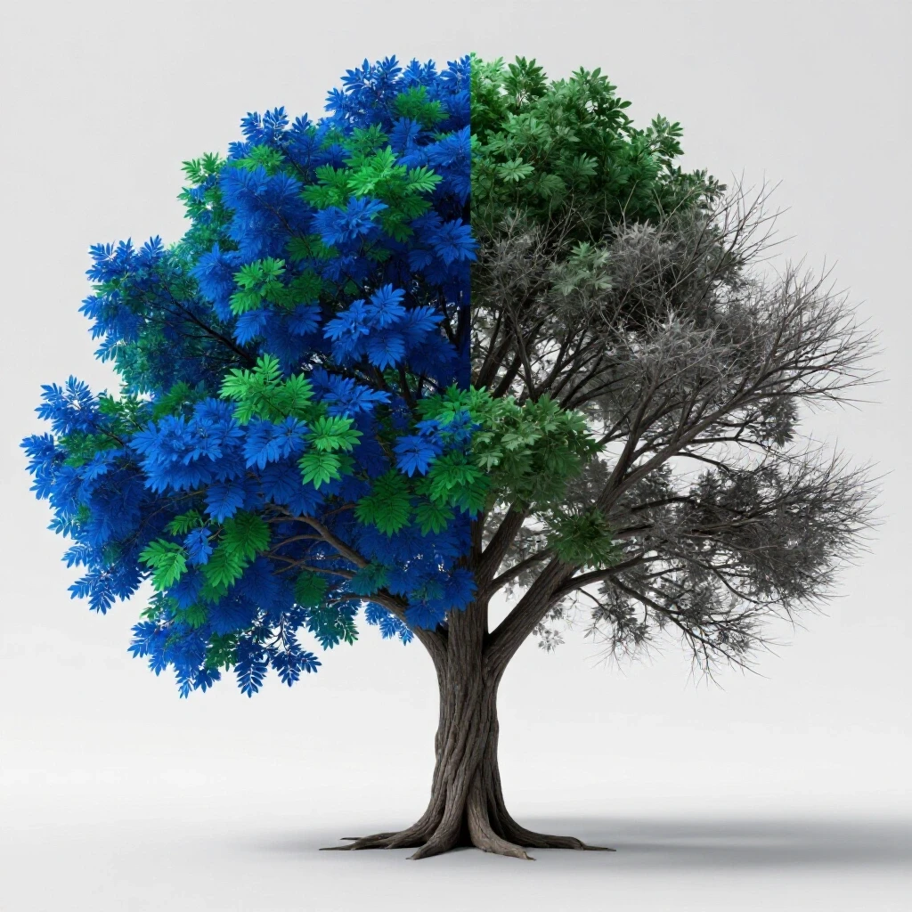 A split-image showing a thriving tree symbolizing social media growth contrasted with a barren branch representing stagnation.