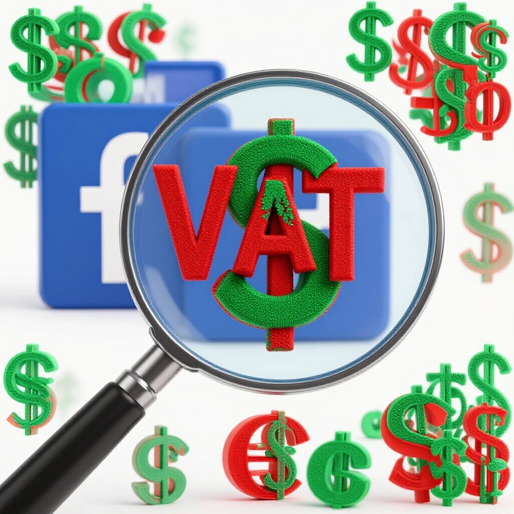 A magnifying glass revealing a VAT symbol intertwined with dollar signs over a Facebook logo, symbolizing digital marketing finance.