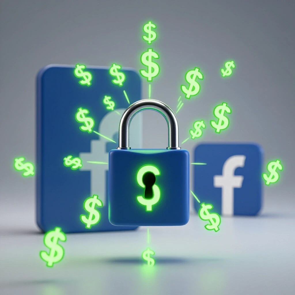 A vibrant open padlock with glowing dollar signs emerging, set against a stylized Facebook logo backdrop.
