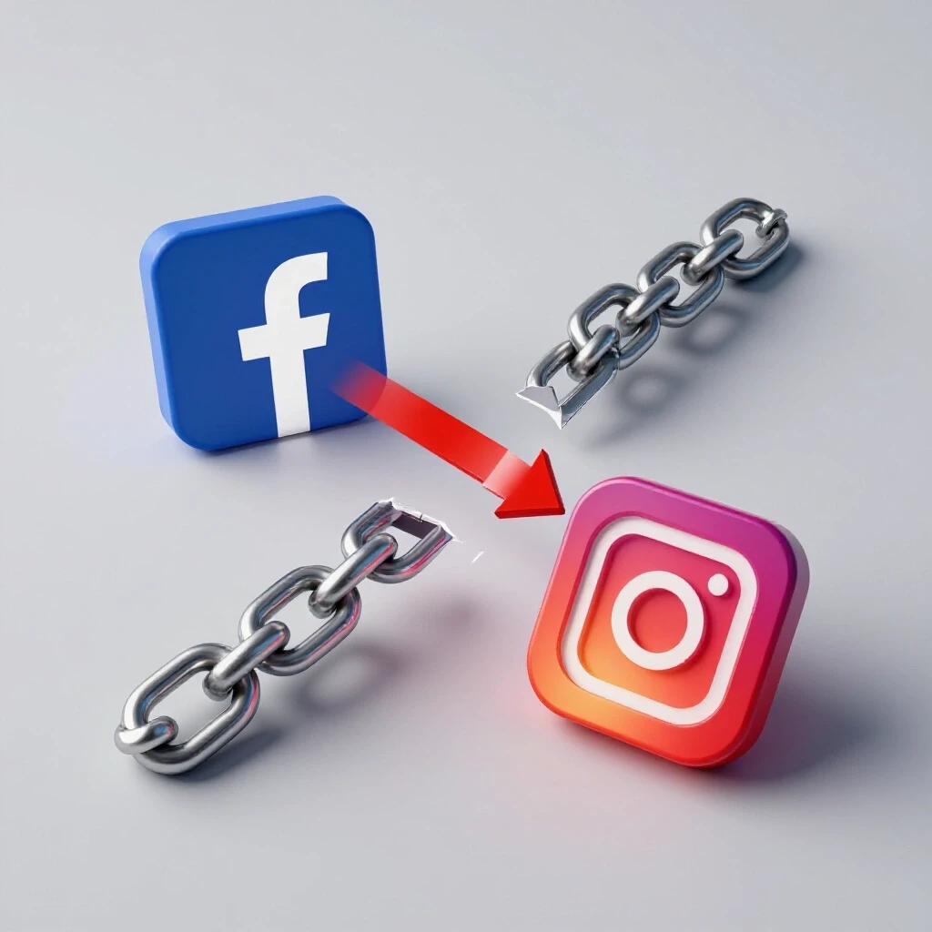 A broken chain link between Facebook and Instagram logos, symbolizing disconnection, against a bright background.