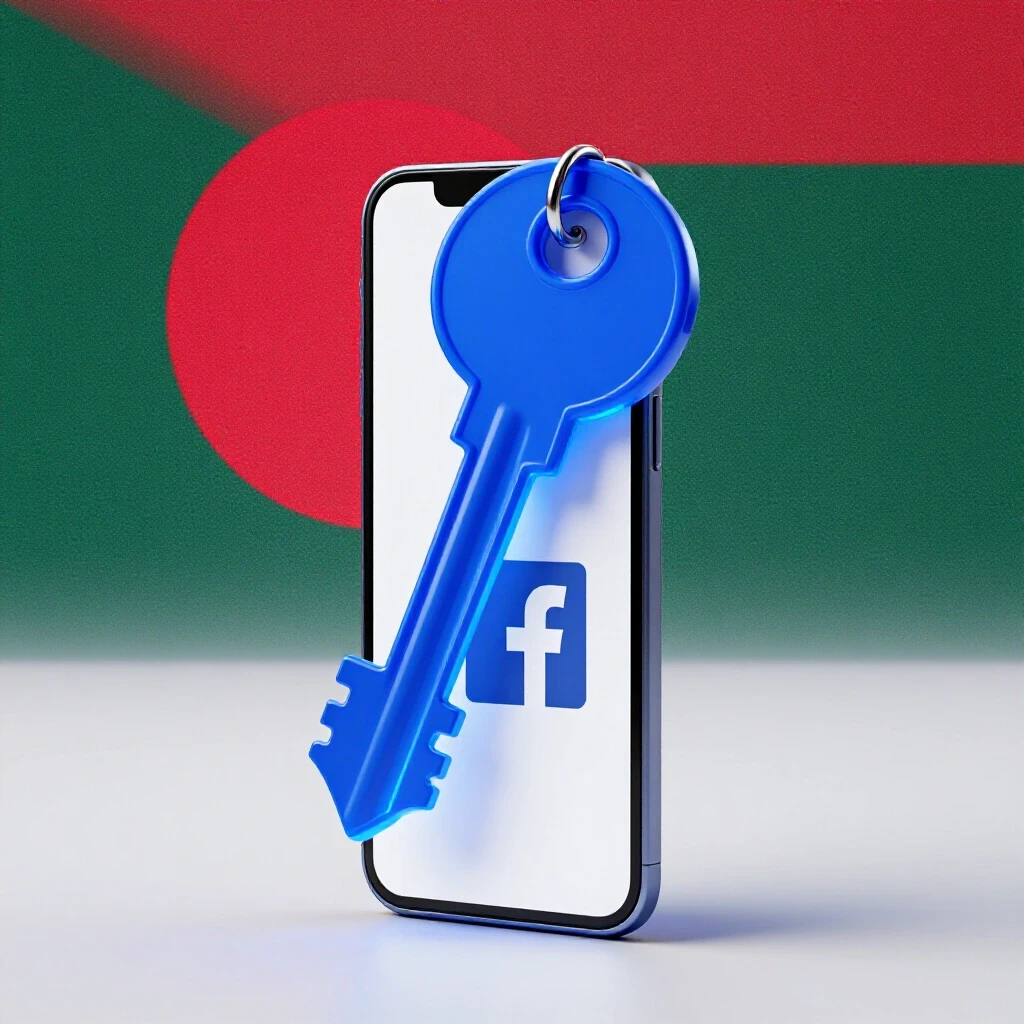 A glowing key unlocking a smartphone screen displaying the Facebook logo with colorful Bangladeshi flag elements in the background.