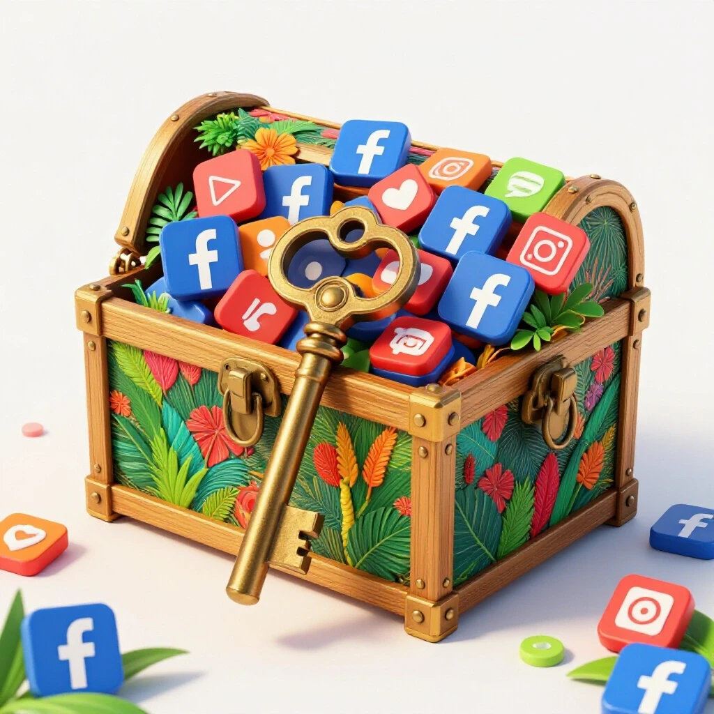 A vibrant treasure chest overflowing with social media icons is unlocked by an ornate key, symbolizing app success.
