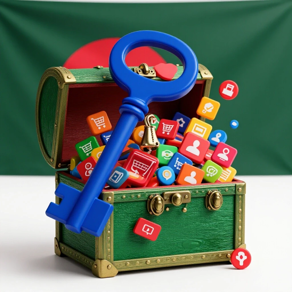 A vibrant treasure chest filled with e-commerce icons being unlocked by an ornate key against a Bangladesh flag.